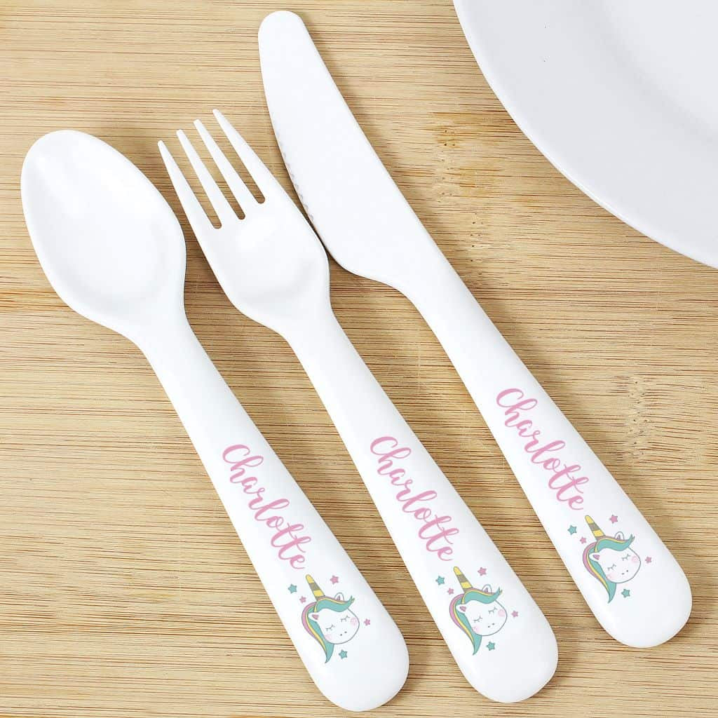 personalised plastic unicorn cutlery set